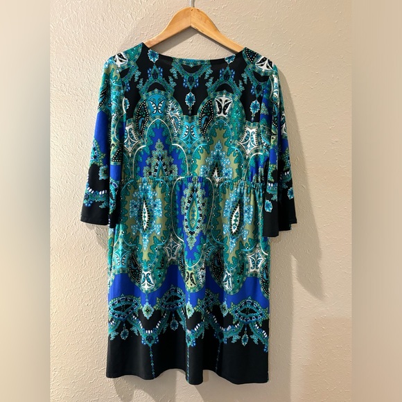 Large paisley blue, green and black low front V neck blouse. - Picture 2 of 5